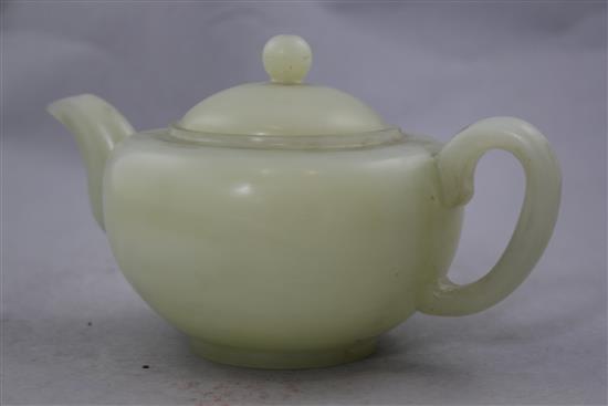 A Chinese pale celadon bowenite jade teapot, 20th century